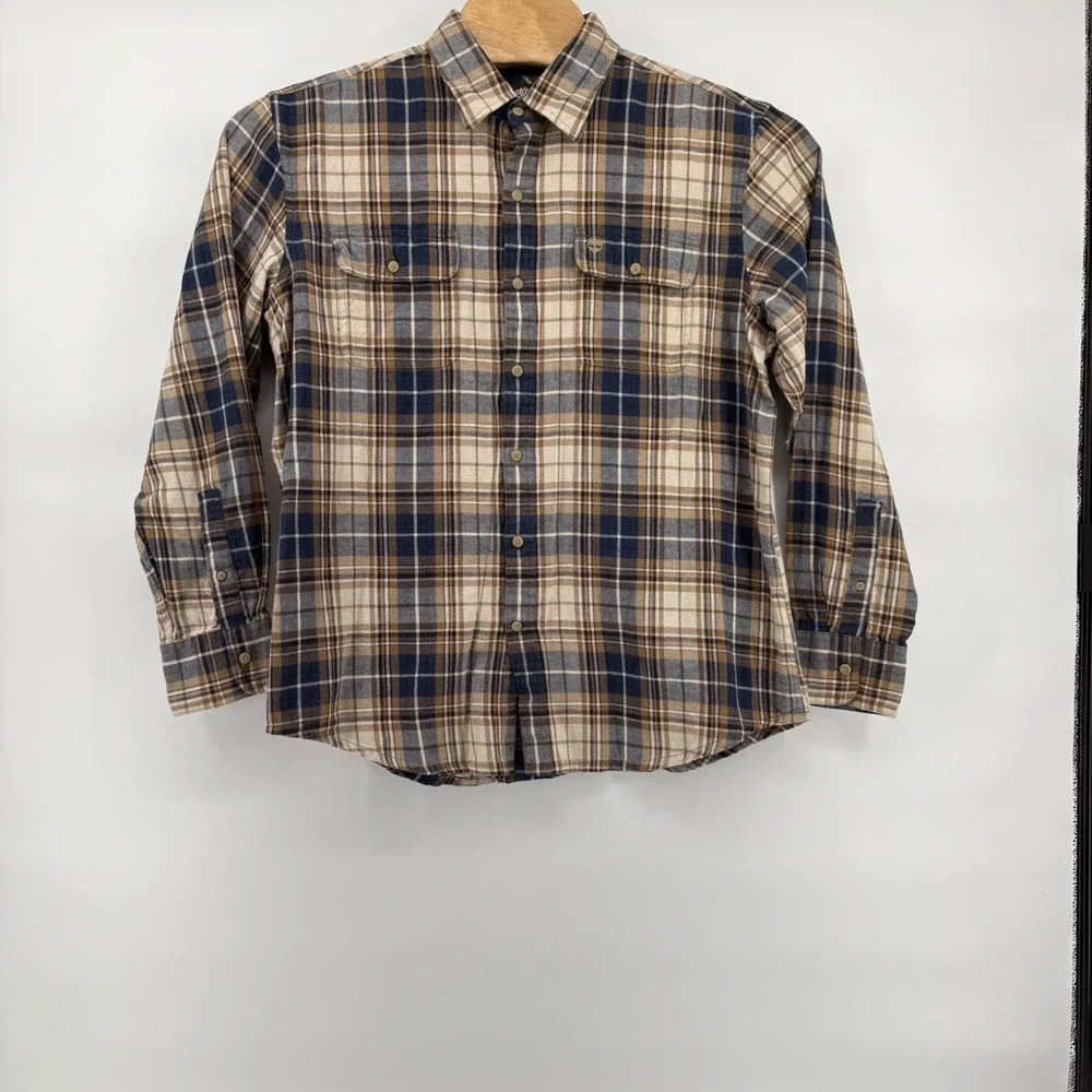 Timberland Mens Flannel Shirt L/G Long Sleeve‎ Plaid Button Up Brown Blue Beige